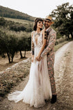 Sexy See Through Thigh Split V-Neck Beach Wedding Dress Beads Tulle Vintage Bridal Dress W1218