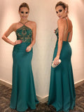 Halter Green Sleeveless Beaded Sheath Backless Evening Dresses PM606