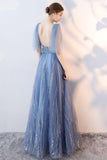 Chic A-Line V-Neck Tulle Blue Modest Sleeveless Backless Long Floor-Length Prom Dresses uk PH175