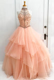 Chic A-Line Halter Open Back Sleeveless Pearl Pink Beading Tulle Modest Long Prom Dresses uk PH221