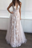 A Line Deep V-Neck Tulle Lace Appliqued Floor-Length Prom Dress