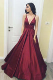 Burgundy Simple A-Line Satin V-Neck Spaghetti Straps Long Floor Length Evening Dresses UK PH285