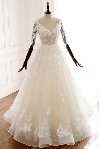 A Line Ivory V Neck Tulle Lace Half Sleeve Organza Long Prom Dresses,Wedding Dress UK PW226