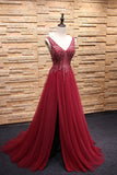 Simple A-Line Burgundy V-Neck Beads Tulle Long Sleeveless Slit Backless Prom Dresses uk PH241