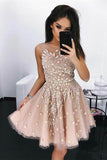 Modest A-Line Round Neck Short Blush Beads Unique Illusion Pleats Homecoming Dresses PH682