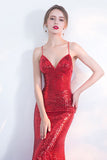 Sexy V-Neck Red Mermaid Spaghetti Straps Sparkly Backless Sleeveless Sequins Evening Dresses uk PH242