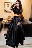 Two Piece Scoop A-Line Bateau Long Sleeves Black Floor Length Prom Dresses UK with Lace PH343