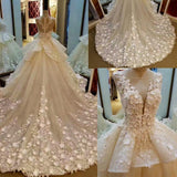 Lace Appliqued And Flowers Chapel Train Pretty Ball Gown Wedding Dresses PM564