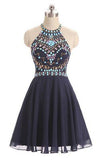 Dark Blue Beads Short Cute Halter Sweet 16 Cocktail Dress  GR56