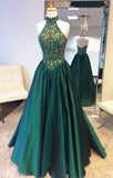 Elegant Halter Sweep Train Appliques Beaded Prom Dress