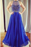 A Line Royal Blue Halter Sleeveless Tulle Beads Floor-Length Prom Dress