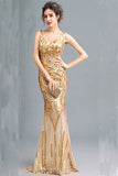 Fashion Sparkly Golden Sequins Mermaid Backless Sleeveless Floor-Length V-Neck Prom Dresses uk PH244