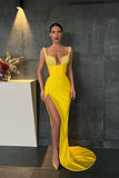 Party Dresses Mermaid Sexy Yellow Sequins Straps Prom Dresses With Slit PD0445