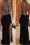 Mermaid Black Open Back Halter Sleeveless Beads Side Slit Prom Dresss