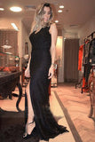 V-Neck Black Lace Long Split Prom Dress Evening Dress PM501