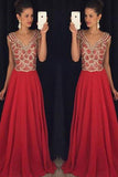 Red V-Neck Beading Bodice Long Chiffon Prom Dresses Evening Dresses PM551