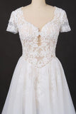 A Line Short Sleeves Beads V-Neck Lace Applique Wedding Dress Bridal Dress W1142