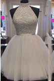 2017 Chic Halter Sexy Open Back White Beading Sleeveless Short Tulle Homecoming Dress PM258