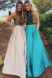 Sparkly Two Pieces Long Beaded Pink High Neck Sleeveless Evening Dresses uk PH153