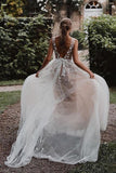 Modest A Line V Neck Wedding Dress with Appliques Beach Wedding Gowns W1239