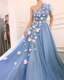 One Shoulder Blue Tulle 3D Flowers Prom Dress P1293