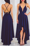 Sexy Navy Blue A Line Deep V-Neck High Low Chiffon Prom Dress