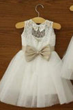 Ankle-length Sashes Scoop Neck Lace Tulle Flower Girl Dress PM545