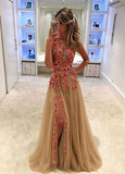 Champagne Tulle Applique Long Slit Sleeveless Prom Dress