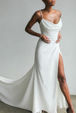 Sheath Cowl Neck Soft Satin Long Wedding Dress with Slit N112