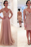 Long Sleeves V-Neck Tulle Prom Dresses with Detachable Train dusty pink sexy prom Dresses PD210187