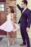 Elegant Pink A Line Backless Halter Sleeveless Short Homecoming Dress