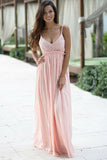 A Line Spaghetti Straps Floor-Length Backless Sleeveless Pink Chiffon Lace Prom Dress PM276