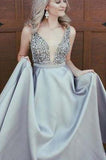 Sexy Elegant Sparkly Beads Top A-line Open Back V-Neck Stretch Satin Prom Dresses uk PM408