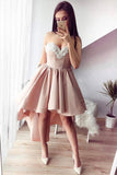 A-Line Sweetheart High Low Pink Stretch Satin Homecoming Dress with Appliques PM121