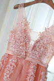 Charming Appliques Tulle V-Neck Beads Sleeveless Scoop Pearl Pink Prom Dresses uk PM408