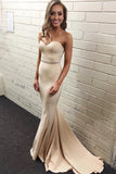 Simple Sweetheart Satin Mermaid Strapless Cheap Nude Long Pageant Prom Dresses uk PW97