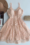 A-Line Spaghetti Straps Short Champagne Tulle Homecoming Dress with Appliques PM297