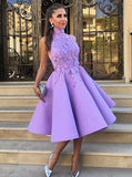 A-Line High Neck Tea-Length Sleeveless Purple Satin Homecoming Dress with Appliques PM119