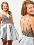 Straps Short Silver Beads Backless V-Neck A-Line Tulle Homecoming Dresses PM167