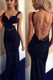 Mermaid V-Neck Floor-Length Backless Spandex Sleeveless Navy Blue Prom Dresses uk PM614