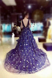 Chic Ball Gown Dark Navy Scoop Sweep Train Tulle Modest Rhinestone Long Prom Dresses uk