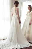 A-Line V-Neck Chiffon with Lace Appliqued Cap Sleeves Ivory Chapel Train Wedding Dresses PM883