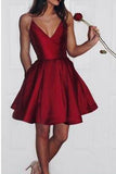 A Line Burgundy Spaghetti Straps V-Neck Burgundy Homecoming Dresses PM80