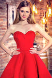 Princess Sweetheart Red Satin with Ruffles Asymmetrical High Low Classic Prom Dresses uk PM622