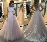 A-Line Light Pink Tulle with White Lace Appliqued Open Back Floor-Length Prom Dresses uk