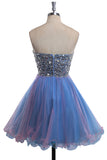 2017 Strapless Cute Sweetheart Tulle Beading Blue Rhinestone Short Homecoming Dresses PM190