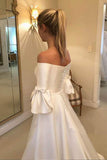 Elegant Off the Shoulder Satin 3/4 Sleeves Ivory Wedding Dress with Pockets W1273