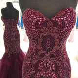 Strapless Sweetheart Long Tulle Mermaid Beads Prom Dress Maroon Formal Dress P1239