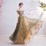 Elegant Round Neck Sequins Tulle Appliques Prom Dress with Short Sleeves Dance Dress P1377