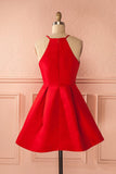 A Line Halter Red Satin Homecoming Dress